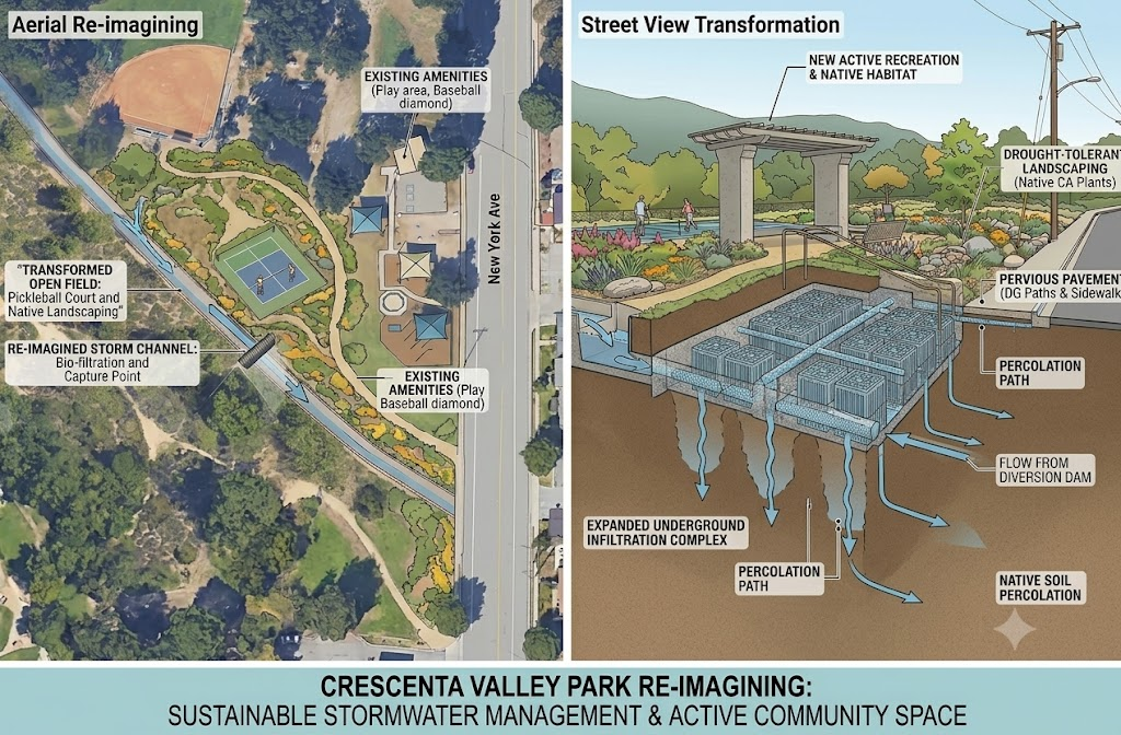 Concept rendering of a stormwater recharge project and new park amenities at CV Park